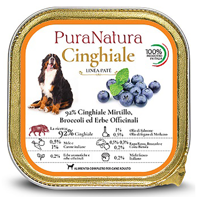 Cibo Umido in Scatola 150 gr Pura Natura Dalla Grana Monoproteico per Cani al gusto Cinghiale e Mirtilli