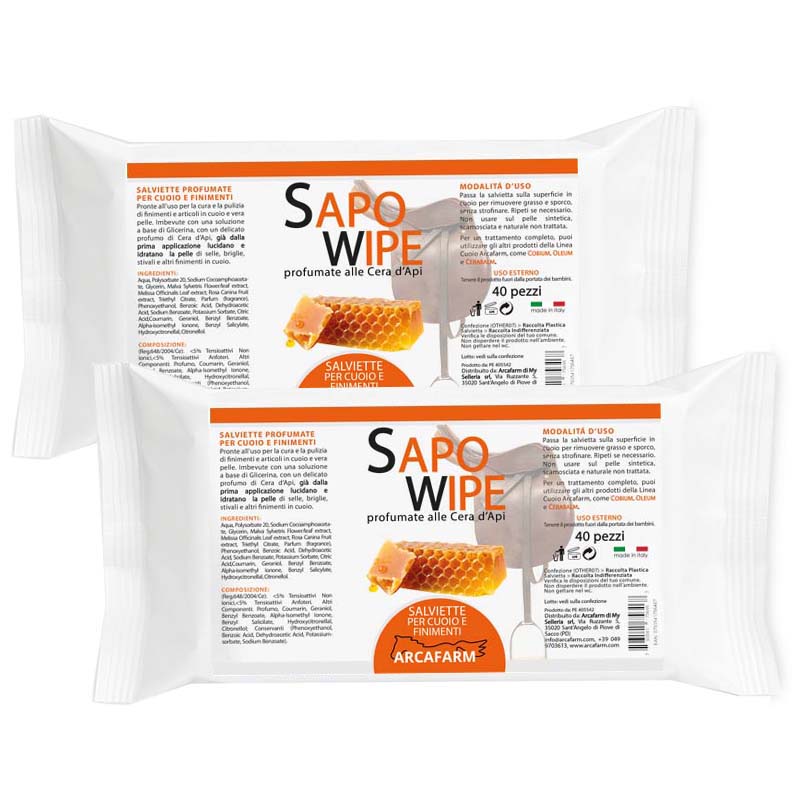 Set 2 pezzi art. 1487 SAPOWIPE Salviette Cuoio e Finimenti alla Cera d'api Arcafarm 80 pezzi