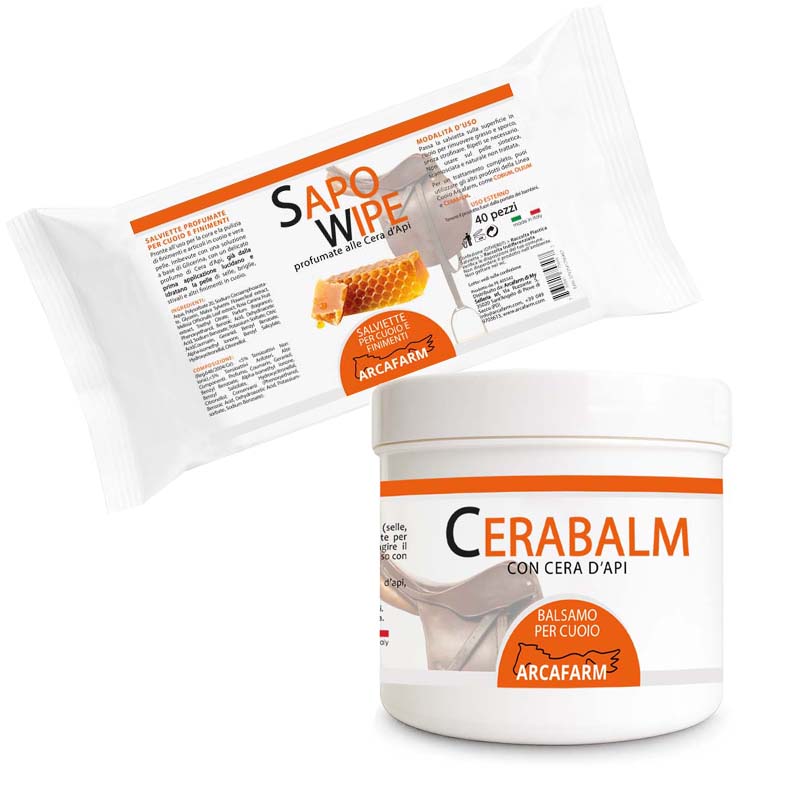 Kit professionale Cura Cuoio alla Cera d'Api Arcafarm (salviette SAPOWIPE+balsamo CERABALM)