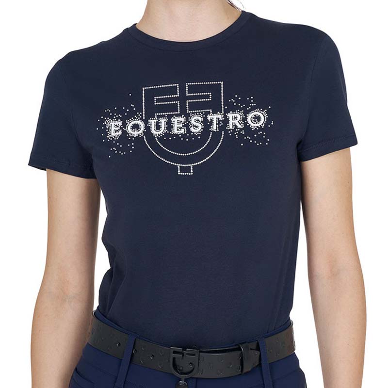 T-shirt Donna Equestro con Logo e Scritta Strass  - 9957