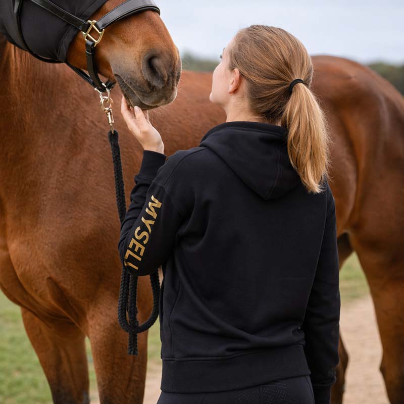 Felpa Donna My Selleria con zip e cappuccio GOLDEN RIDER nera/oro - sport ed equitazione - 9402
