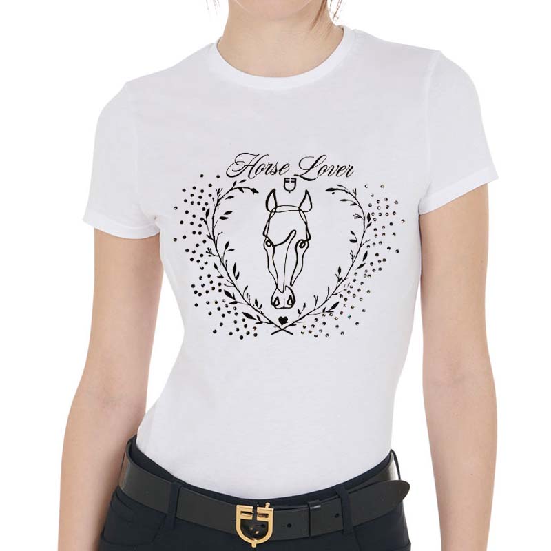 T-shirt donna equestro in cotone con stampa “horse lover” e strass