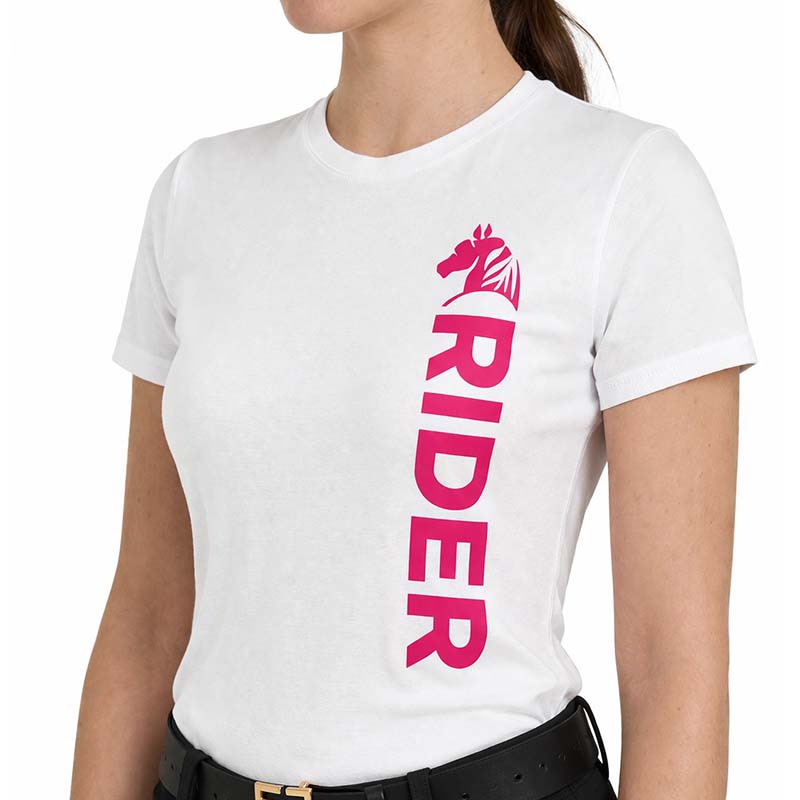 T-Shirt Equitazione Donna PINK RIDER - bianca con stampa fuxia