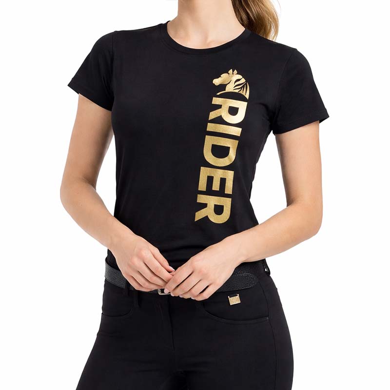 T-Shirt Equitazione Donna GOLDEN RIDER - nero con stampa oro