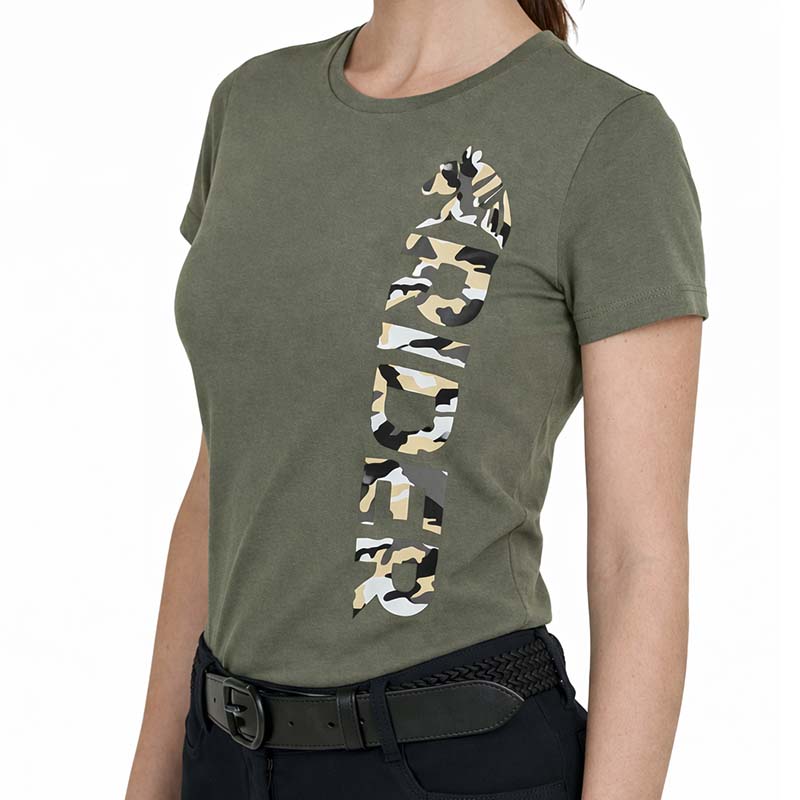 T-Shirt Equitazione Donna WILD RIDER - verde con stampa camouflage