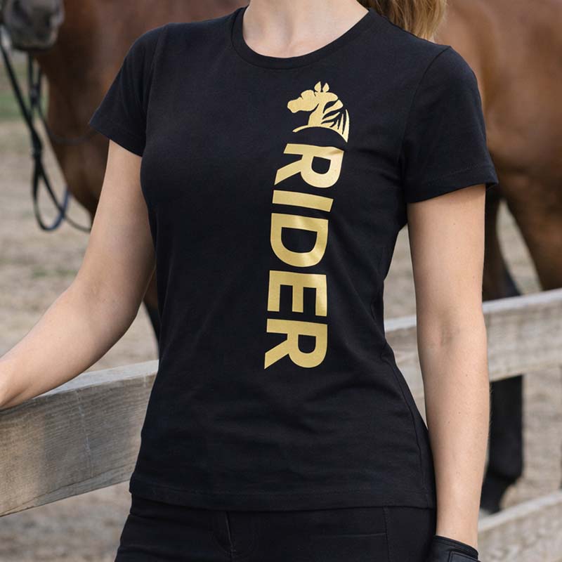 T-Shirt Equitazione Donna GOLDEN RIDER - nero con stampa oro - 9394