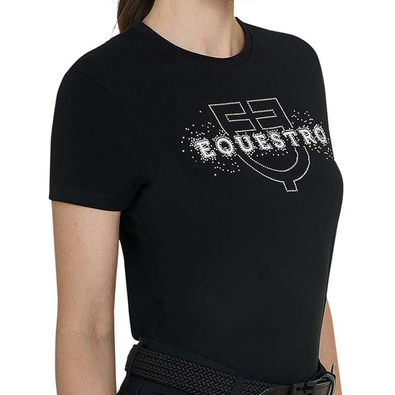 T-shirt donna equestro con logo e scritta strass 