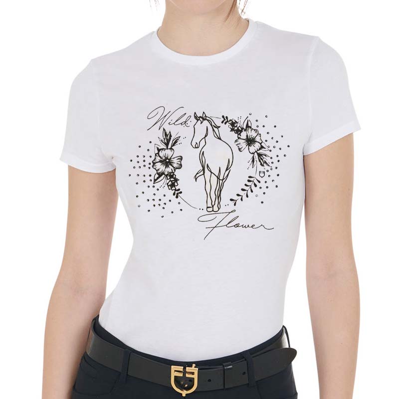 T-shirt stampata equestro da donna in cotone, immagine floreale cavallo