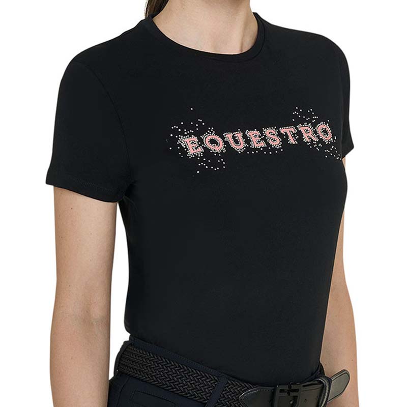 T-shirt Donna Equestro con Scritta Rosa e Strass - 9960