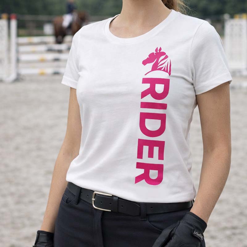 T-Shirt Equitazione Donna PINK RIDER - bianca con stampa fuxia - 9396