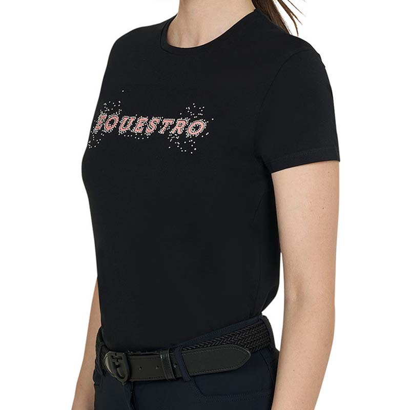 T-shirt Donna Equestro con Scritta Rosa e Strass - 9960