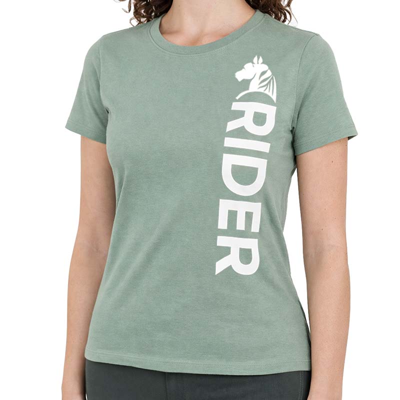 T-Shirt Equitazione Donna SAGE RIDER - verde salvia con stampa bianca